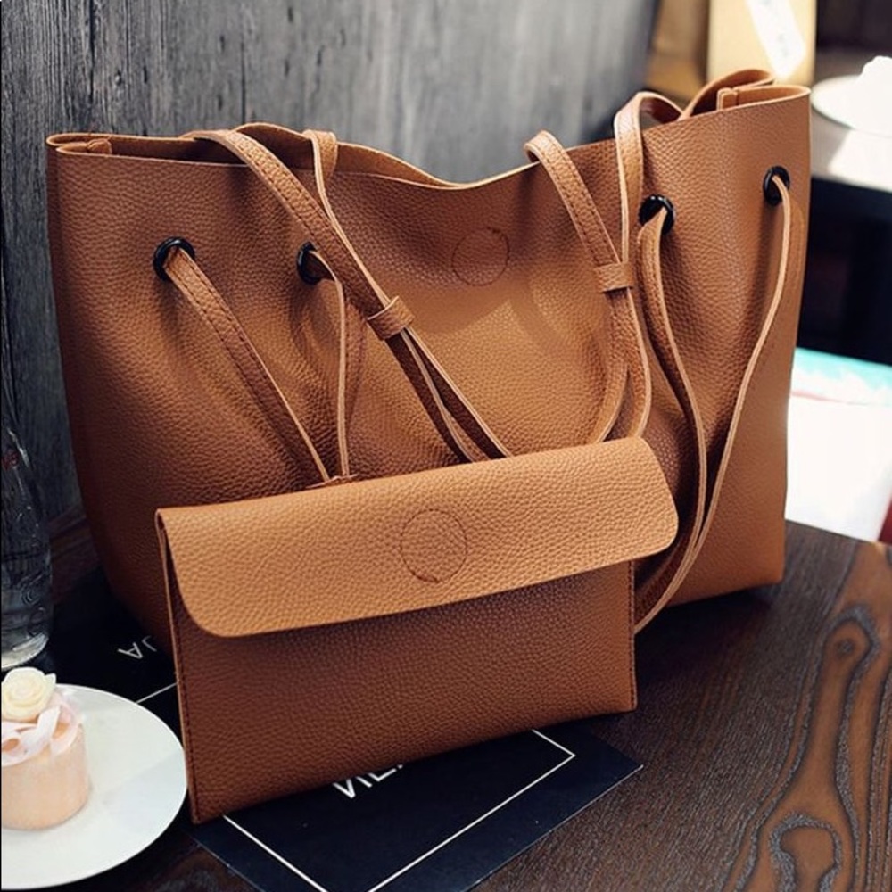 LAST 1 ✨ camel tote & clutch vegan leather - Picture 2 of 3